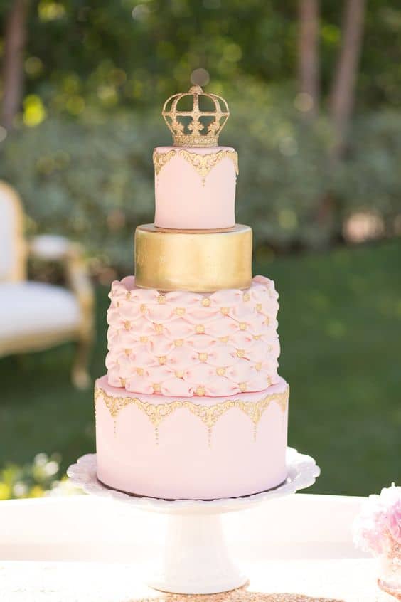 This Gorgeous Pink and Gold Cake with a Gold Crown is just perfect for a Princess Party