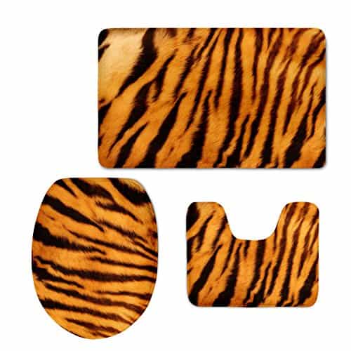 Tiger Striped Pattern 3 Piece Absorbent Bath Rug Set Toilet Seat Cover Bath Mat Lid Cover
