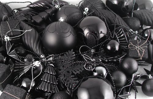 This huge pack of lots of Black Shatterproof Christmas Ornaments is a great value pack