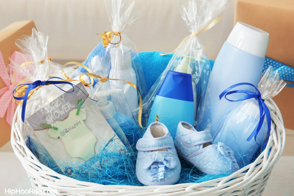 Baby Shower Gift Basket full of blue baby items