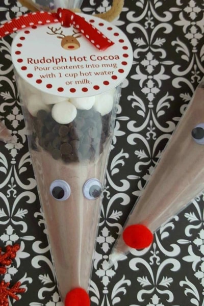 Homemade Rudolph looking bag with all the ingredients to make hot cocoa