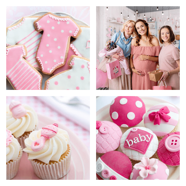 Collage of images of pink baby shower