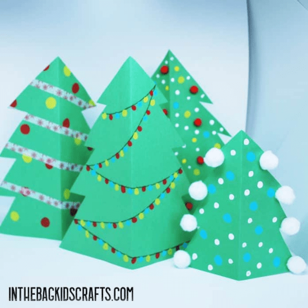4 Christmas tree Cards made from Green card stock and painted
