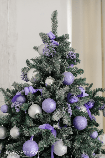 Purple and Mauve Christmas Decorations on a green Christmas tree