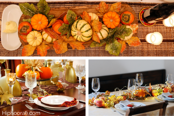 3 images in a collage of thanksgiving table settings