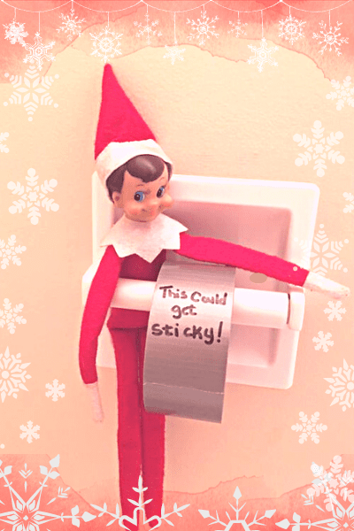 Elf on the shelf in toilet holder with tape