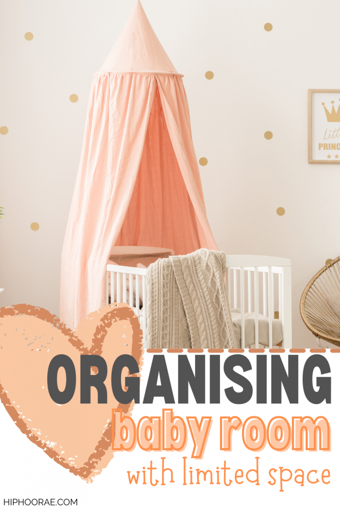 Pinterest pin, baby nursery peach colors with text overlay Organizing baby room with limited space