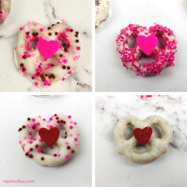 collage of all the different designs made for chocolate dipped heart pretzels