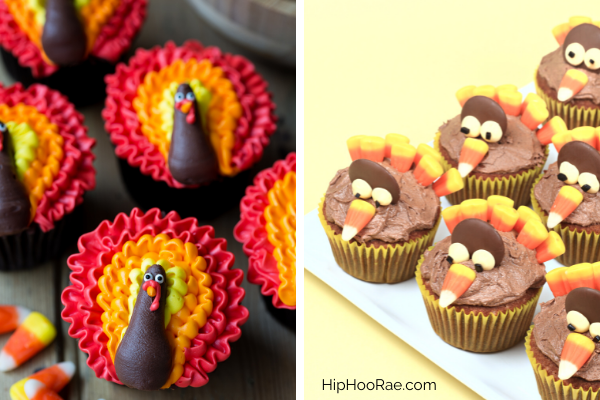 Collage of 2 different types of Turkey Cupcakes