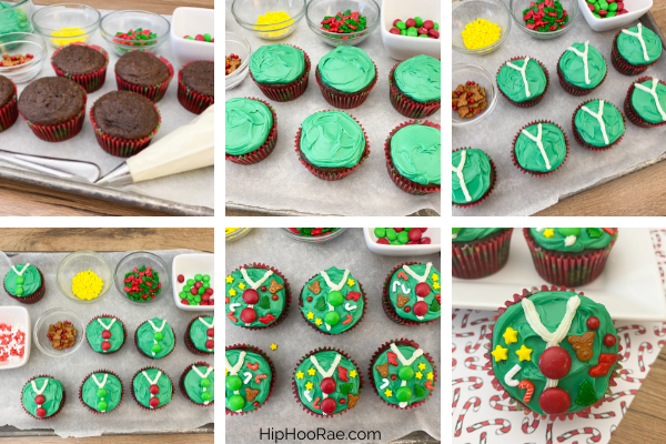 Collage of images step by step to make Ugly Sweater Cupcakes