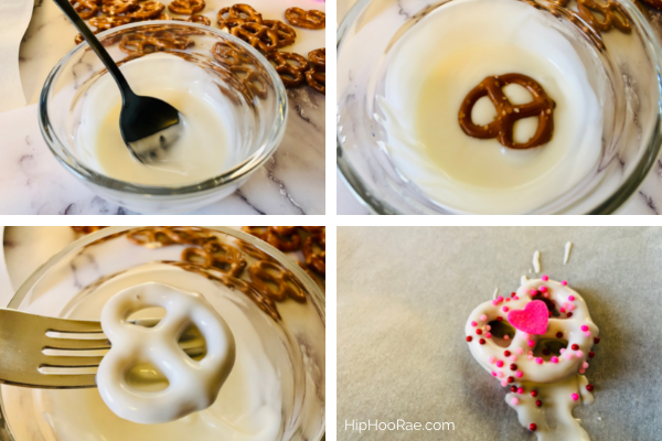 collage of steps to make heart chocolate dipped pretzels