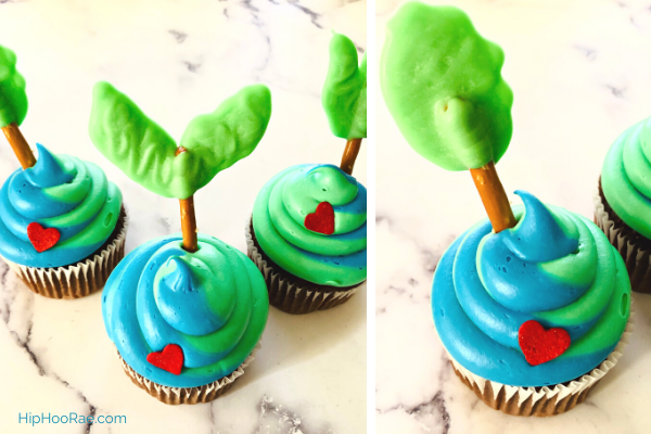 2 images of Earth Day Cupcakes, both have different tees made from pretzel sticks in them