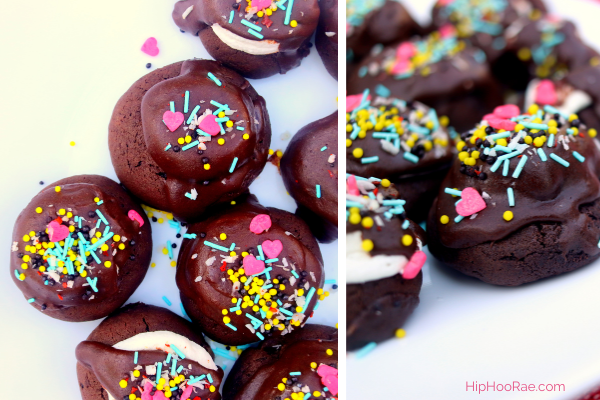2 images of the plates of Hot cocoa Cookies with pretty sprinkles on them