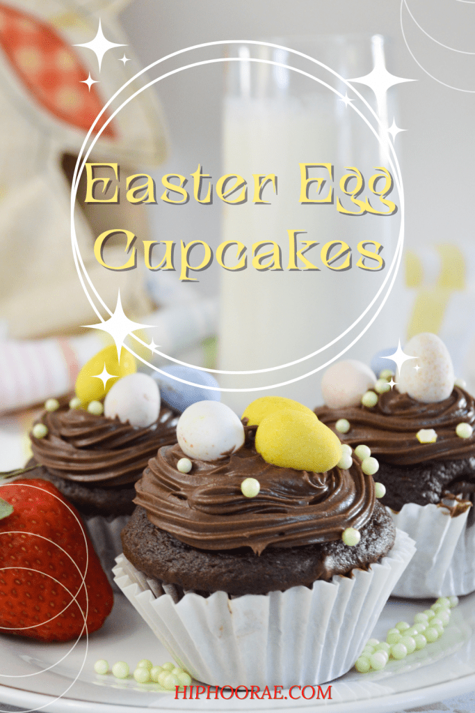 Easter Egg Cupcake on white plate with writing overlay Easter Egg Cupcakes