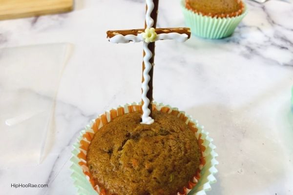 Easter Carrot Cake Cupcake with Pretzel cross