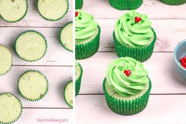 Grinch Cupcakes Before and after with green frosting and red candy hearts on top