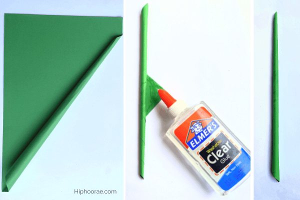 Steps to show how to roll the paper to make stem for tulip paper flower