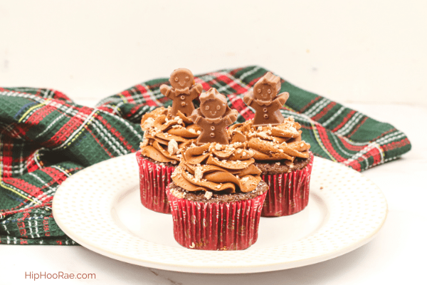 3 Kit Kat Gingerbread cupcakes on a white plate