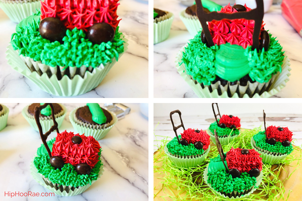 4 process photos to make Lawn mower cupcake toppers