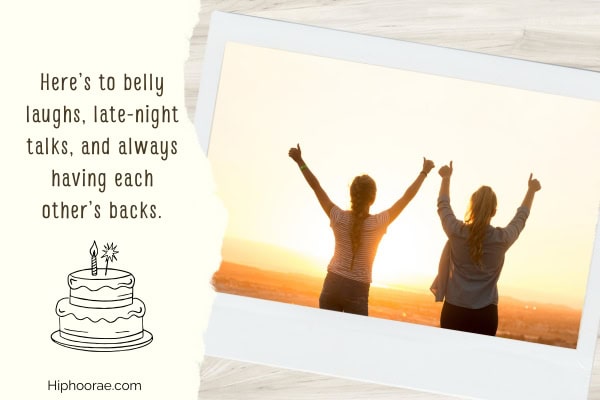 Polaroid photo of 2 girls facing the sunset, with birthday wish on the left