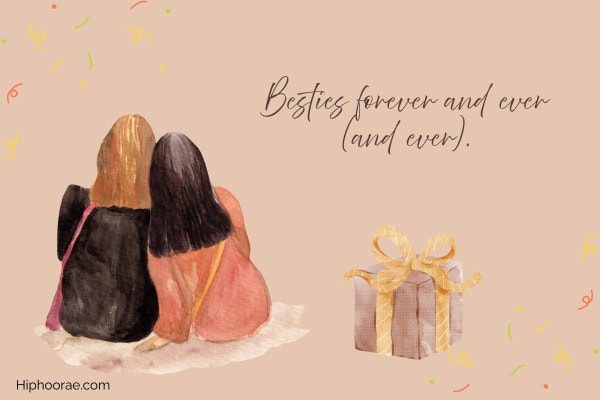 Watercolor illustration of 2 girls sitting close together, with birthday wish overlay