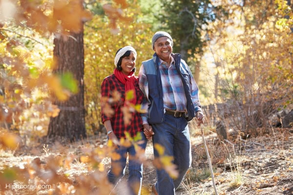 Couple hiking together in the forest during fall season