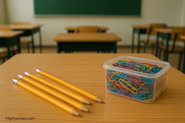 pencils and a container full of paper clips in a classroom