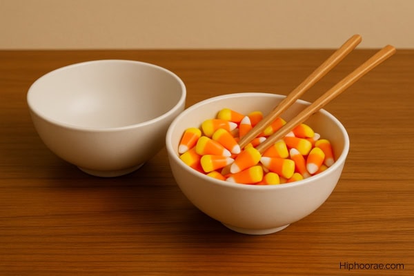 one empty bowl and another bowl with candy corns and chopsticks