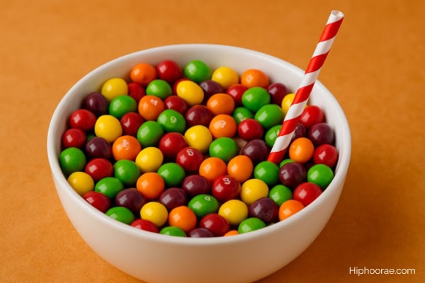 bowl of skittles with straw