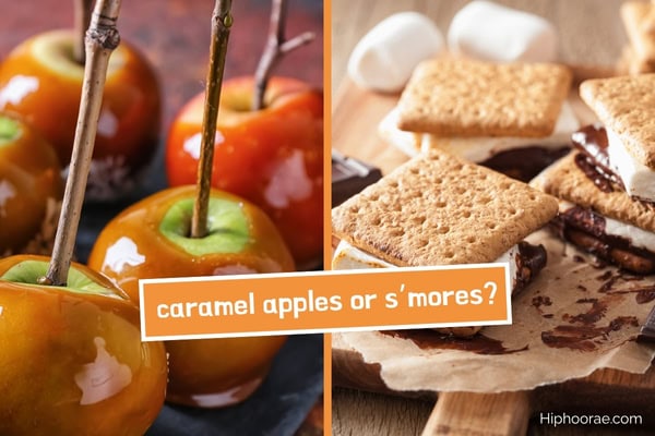 caramel apples on the left, s'mores on the right, with question overlay