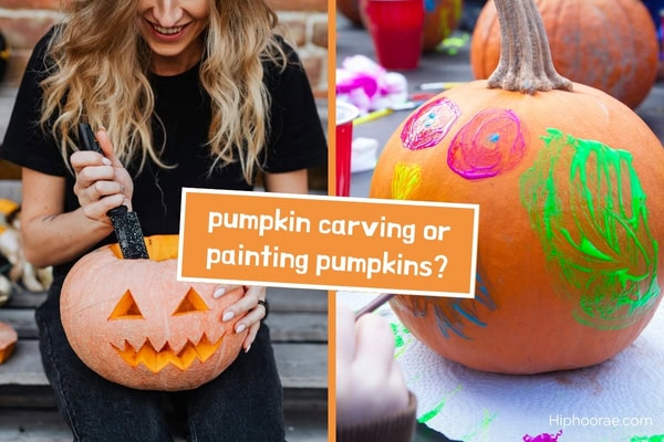 pumpkin carving on the left and pumpkin painting on the right with question overlay