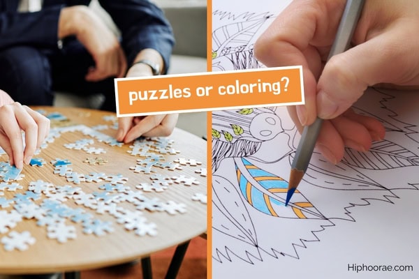 puzzles on the left, coloring on the right, with question overlay