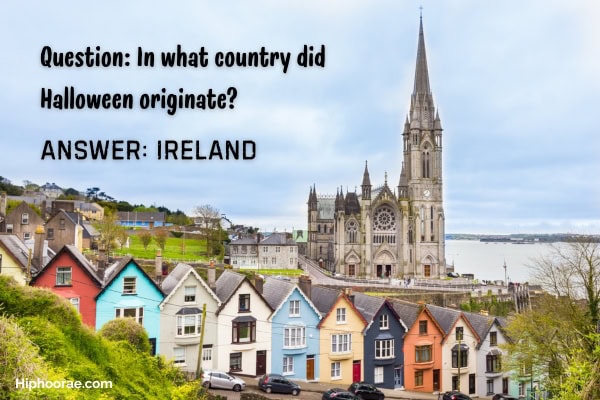 cathedral and colored houses in Ireland, with trivia overlay