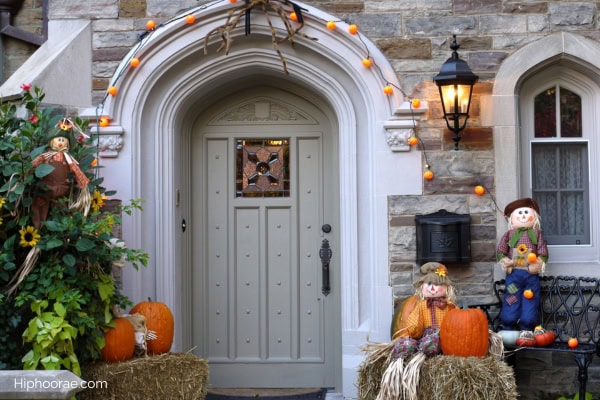 front of a house with Halloween decorations