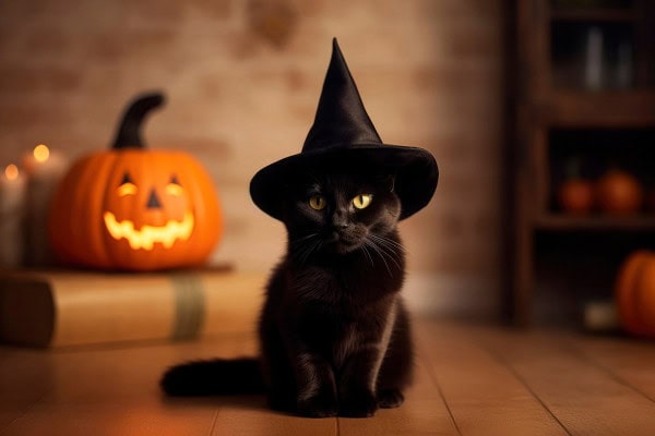 black cat with witches hat on