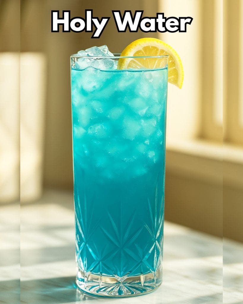 glass of holy water cocktail on kitchen bench