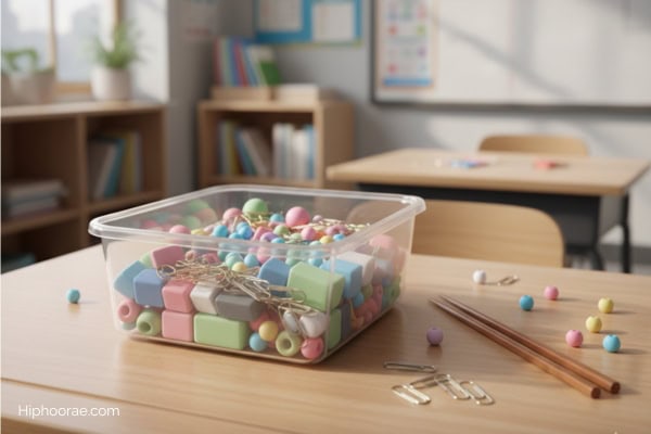 plastic container filled with erasers, paperclips, beads and a pair of chopsticks on desk in classroom