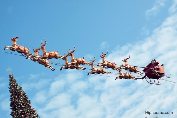 Santa on his sleigh with reindeers flying