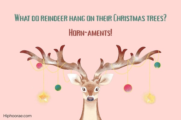 watercolor illustration of a reindeer with ornaments on its horns with joke overlay