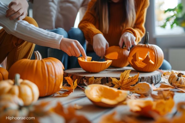 2 women carving pumpkins