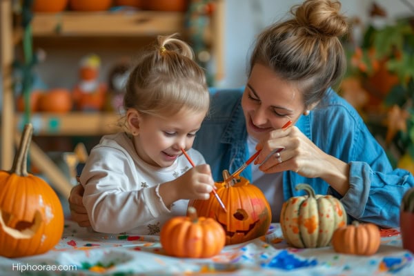 mother and daughter painting a pumpkin