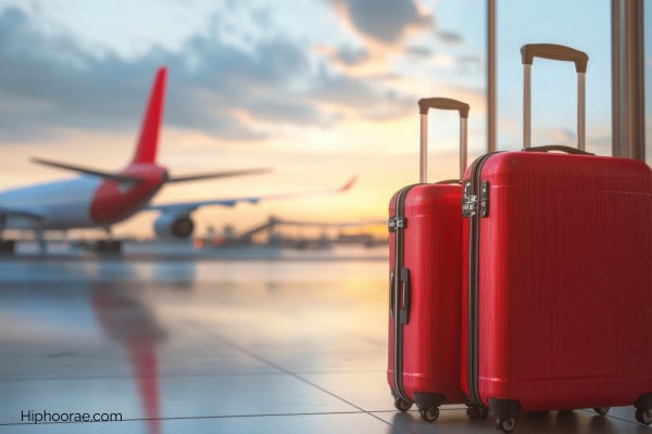 luggages with airplane background