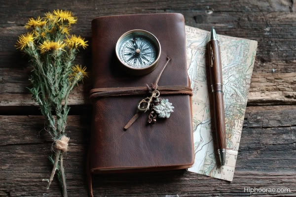 leather journal, compass, pen, flowers, map on rustic desk