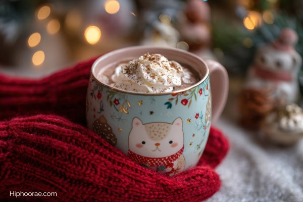 mittened hands holding a mug of hot cocoa