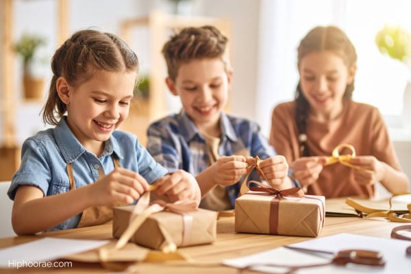 kids wrapping Christmas presents