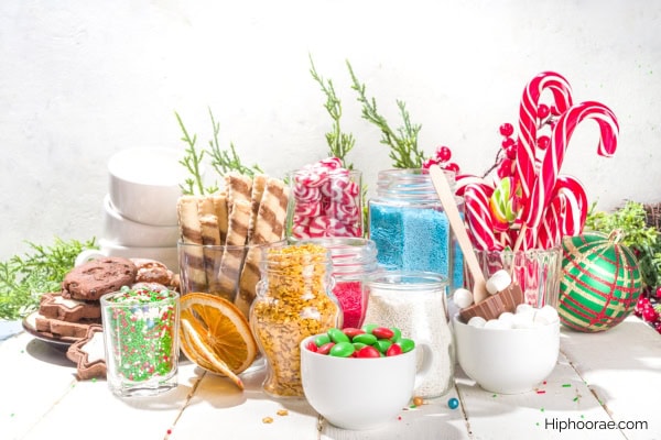 hot cocoa bar - candy canes, marshmallows, m&m's, etc