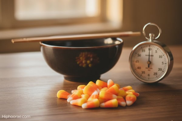 bowl with chopsticks, timer, candy corns on table