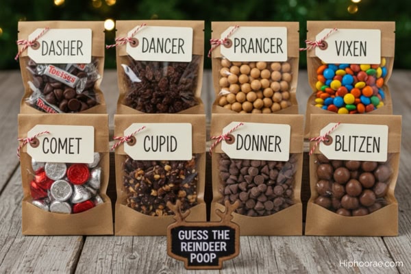paper treat bags filled with candy, labeled each with a reindeer name