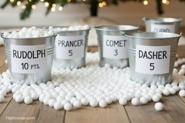 buckets labeled with a reindeer name and points, mini foam balls scattered around