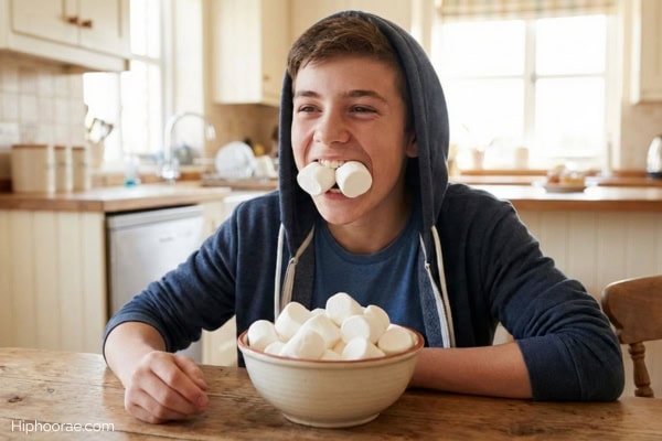A teenage boy eating marshmallows playing the Chubby Bunny Game